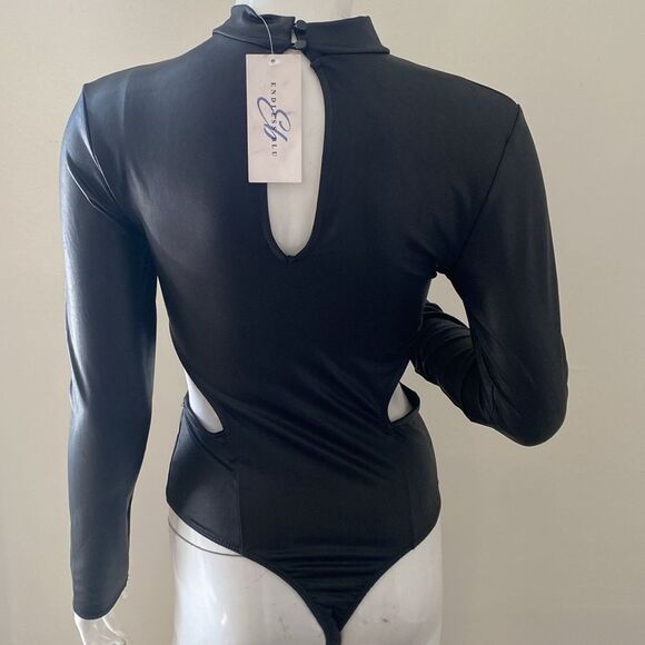 Dolls Kill Endless Blu Long Sleeve Shiny Leather Look Bodysuit w Side Cutouts - Picture 3 of 7